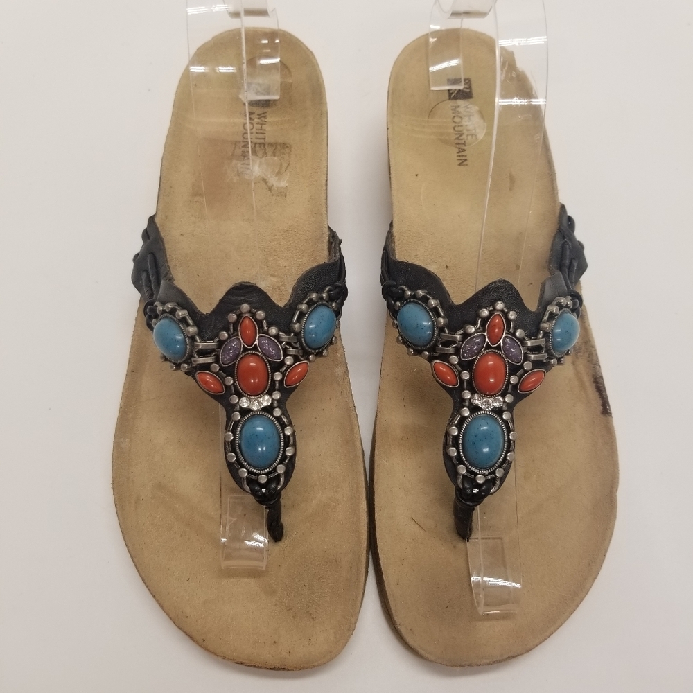 White Mountain Cardinia Womans Size 9 Black Leather Thong Jeweled Wedge Sandal